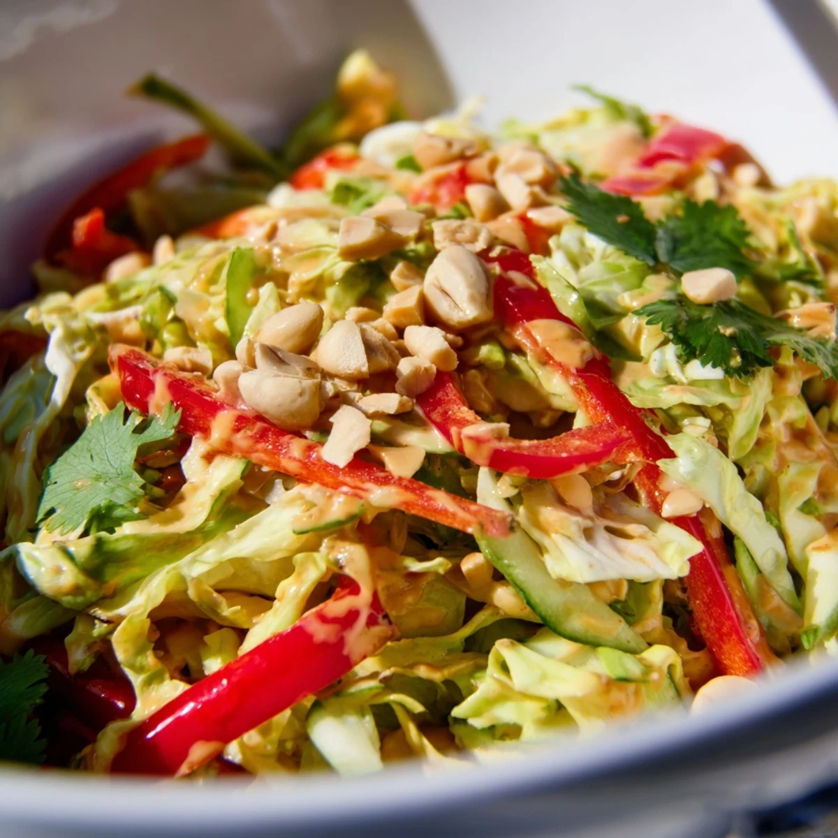 Fresh vegetable salad topped with smooth homemade Thai peanut dressing and crushed roasted peanuts