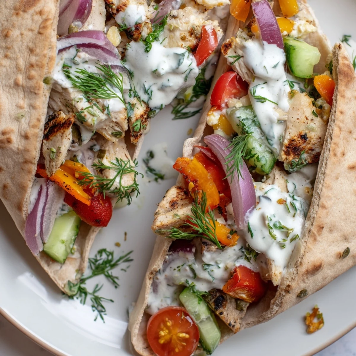 Handheld Mediterranean-style pita sandwiches piled high with seasoned roasted chicken and crisp vegetable toppings