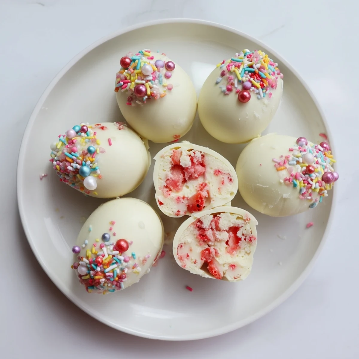 White chocolate Easter egg bomb filled with creamy strawberry shortcake mixture and colorful sprinkles on a pastel plate