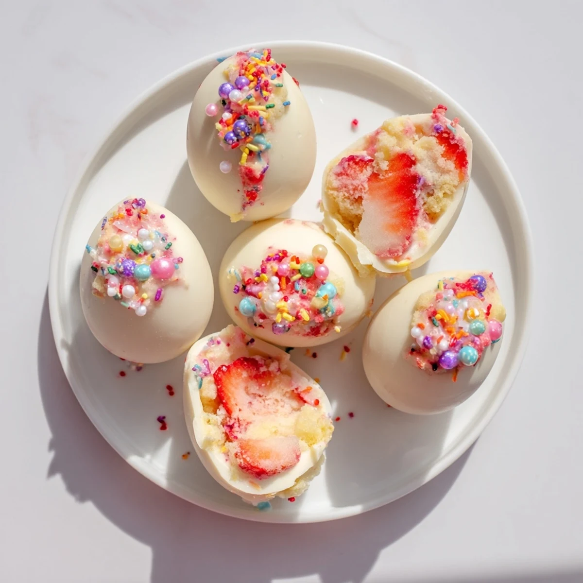 Decadent strawberry shortcake Easter egg bombs with white chocolate shells and fresh strawberry cream filling