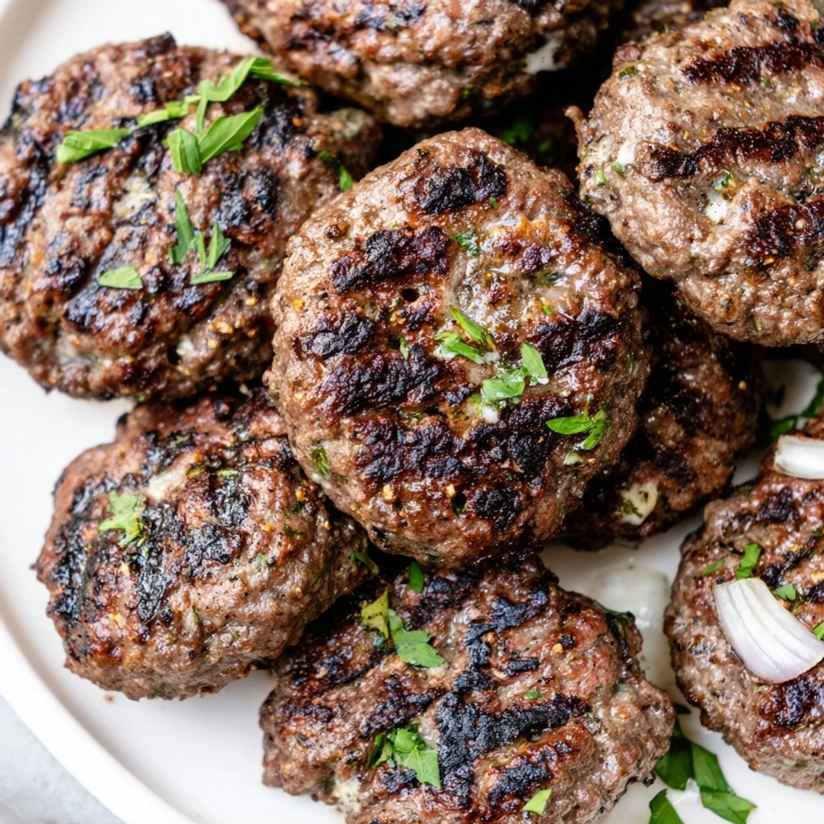 Golden grilled Lebanese kafta skewers garnished with fresh parsley and served with lemon wedges