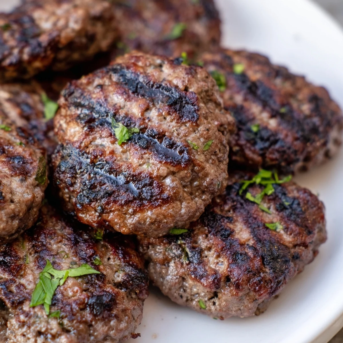 Juicy spiced Lebanese kafta ovals sizzling on a grill with charred edges and tender texture
