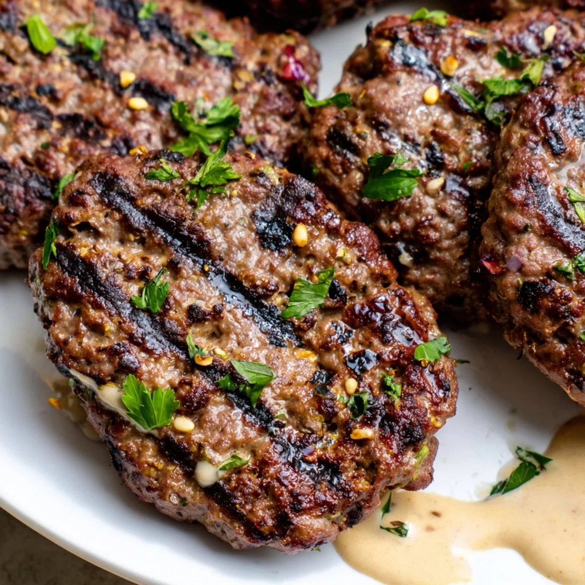 Easy Lebanese kafta recipe featuring ground meat kebabs on a plate with pita bread and tahini sauce