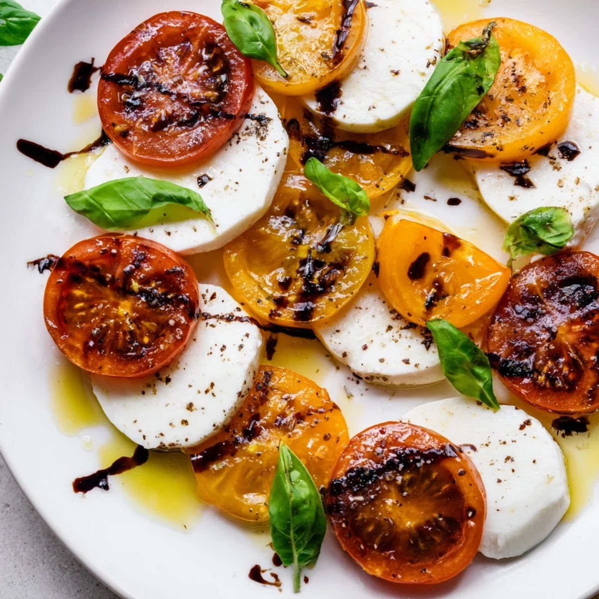 Golden roasted cherry tomatoes layered with fresh mozzarella and basil on a white serving platter