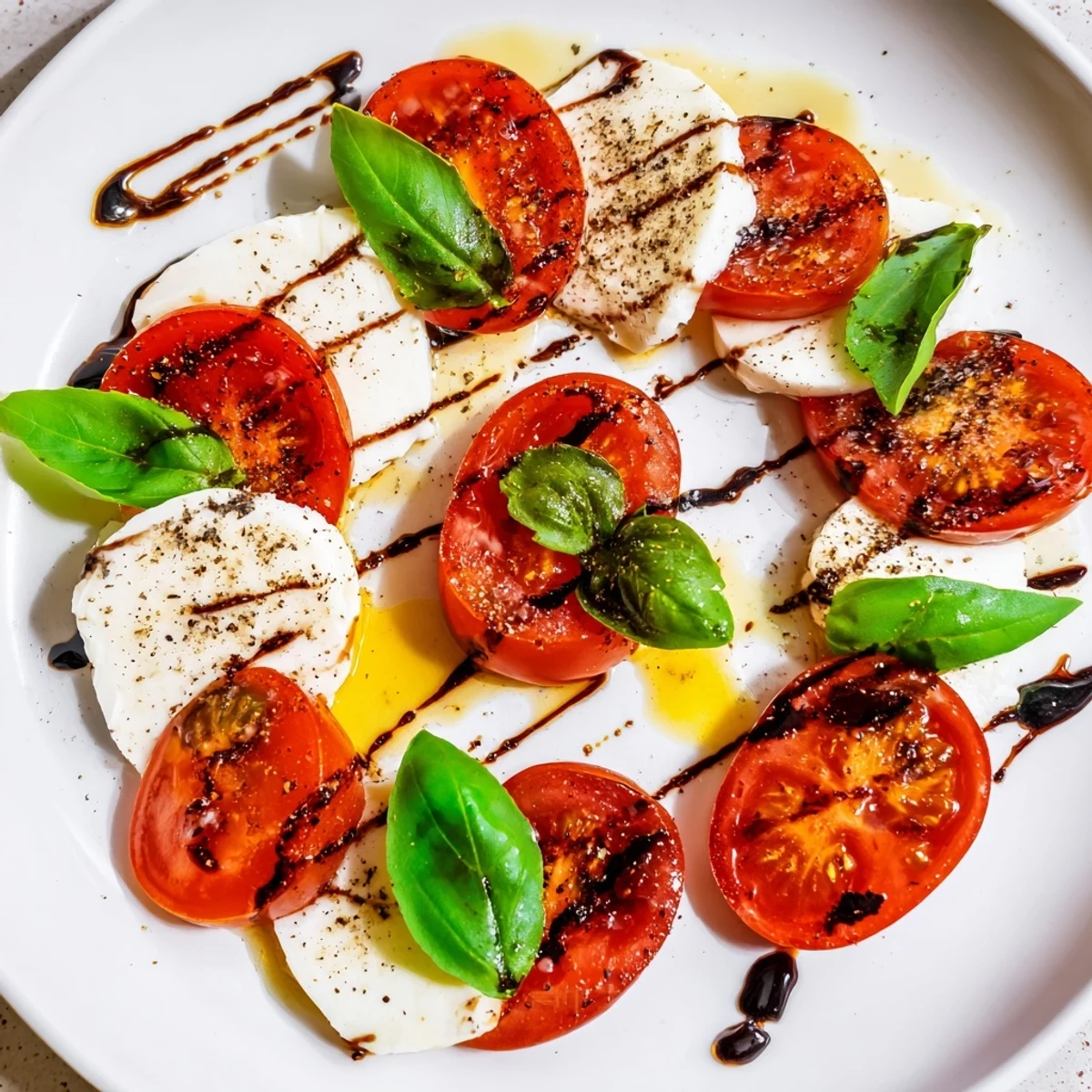 Colorful Caprese salad featuring caramelized tomatoes, creamy mozzarella slices, and fragrant green basil leaves