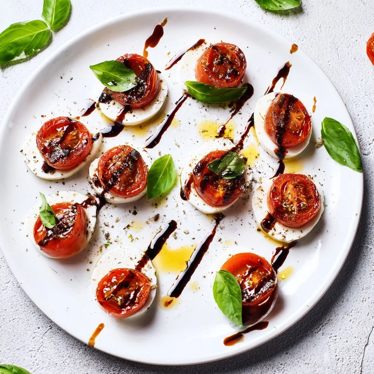 Vibrant Italian salad with roasted tomatoes drizzled with balsamic glaze alongside fresh mozzarella cheese