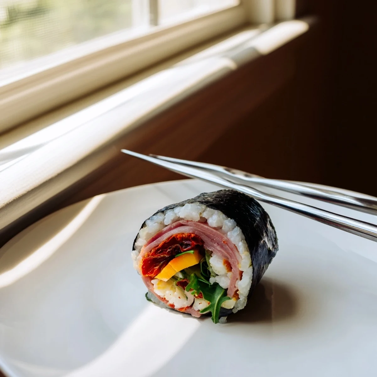Colorful Italian sushi rolls arranged on a white serving platter with fresh basil garnish