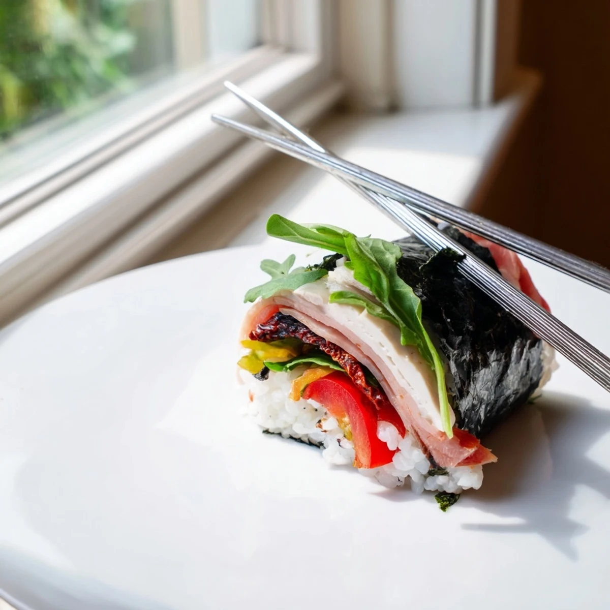 Close-up of Italian sushi featuring mozzarella prosciutto and roasted peppers wrapped in nori
