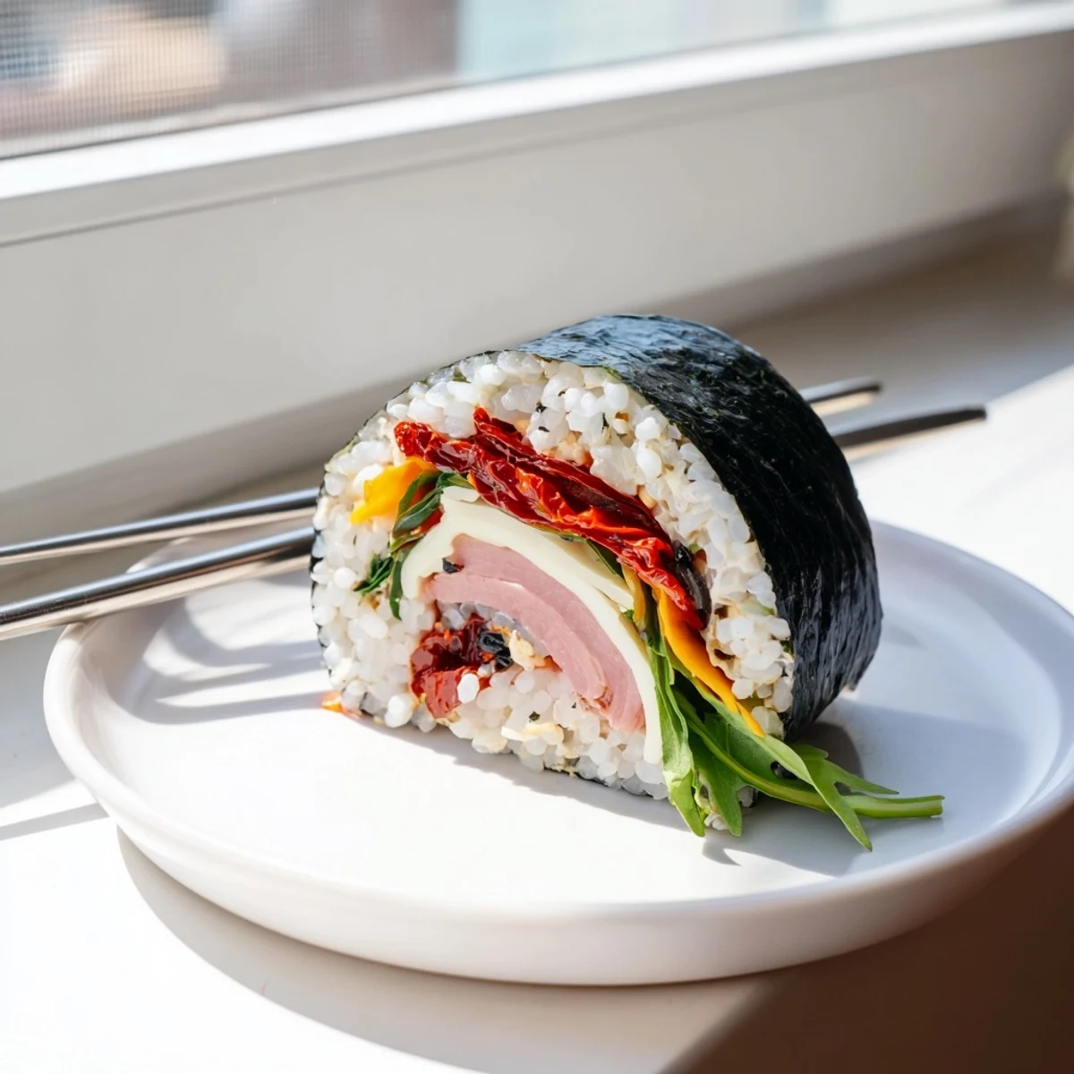 Bite-sized Italian sushi pieces drizzled with balsamic glaze on a wooden serving board