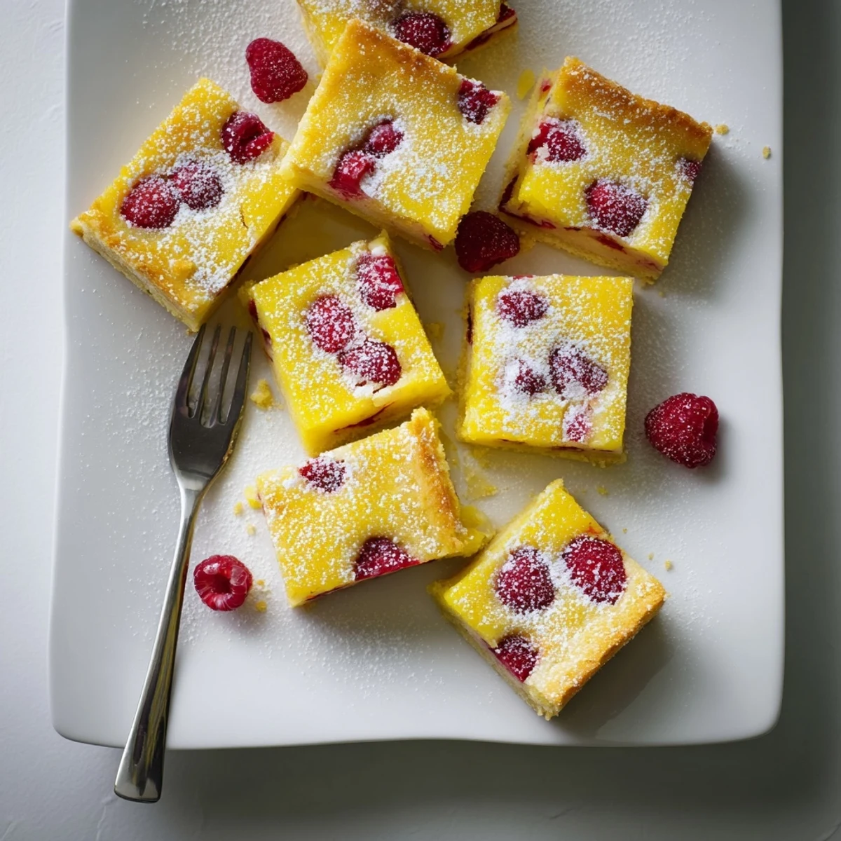 Golden lemon raspberry bars with buttery shortbread crust and tart berry filling