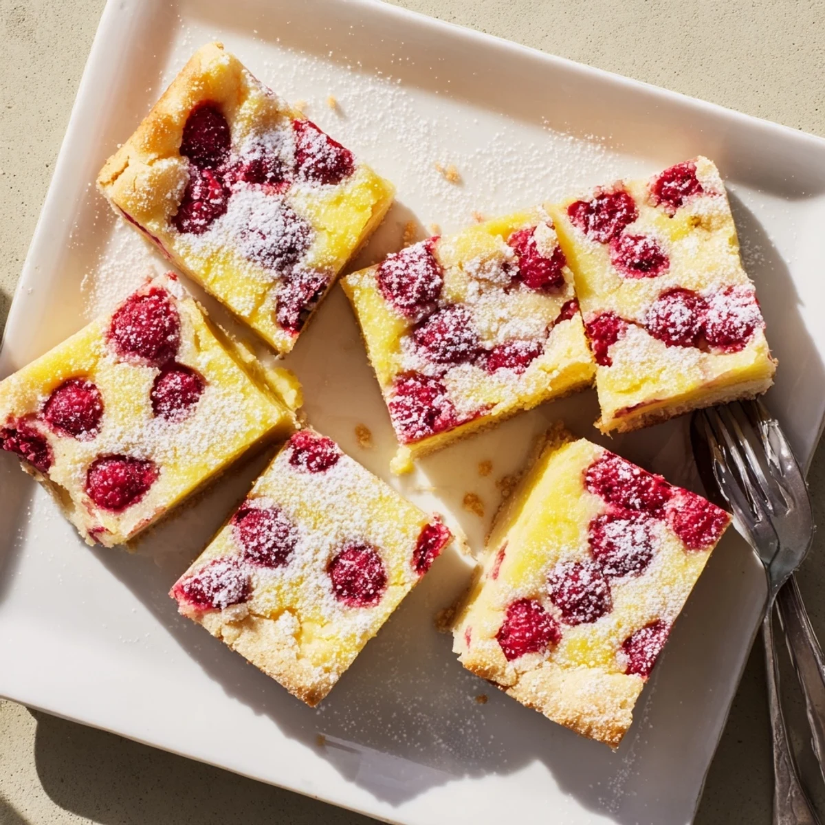 Fresh raspberry lemon bars dusted with powdered sugar on white serving plate