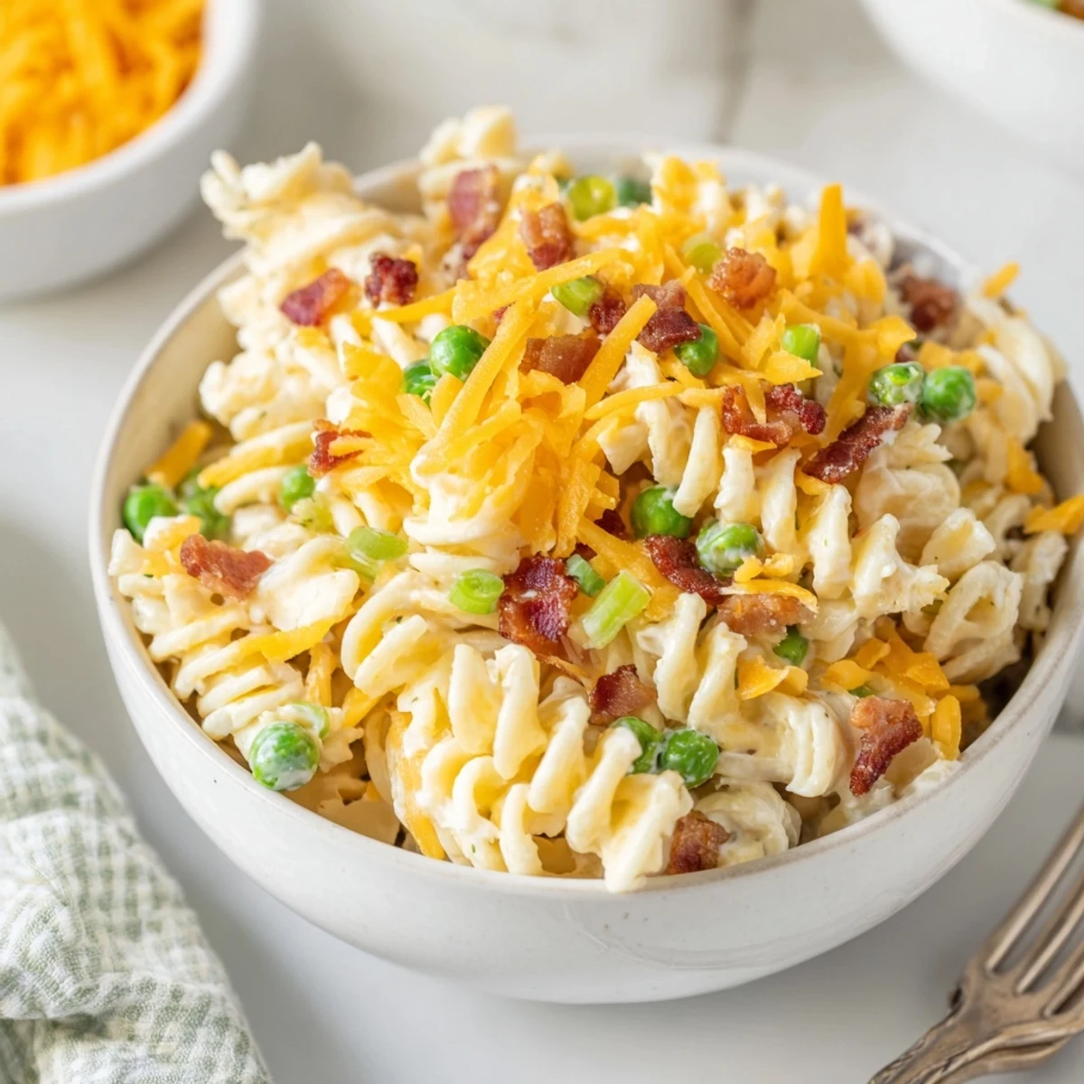 Serving bowl of addictive crack pasta salad topped with extra crumbled bacon and shredded cheese