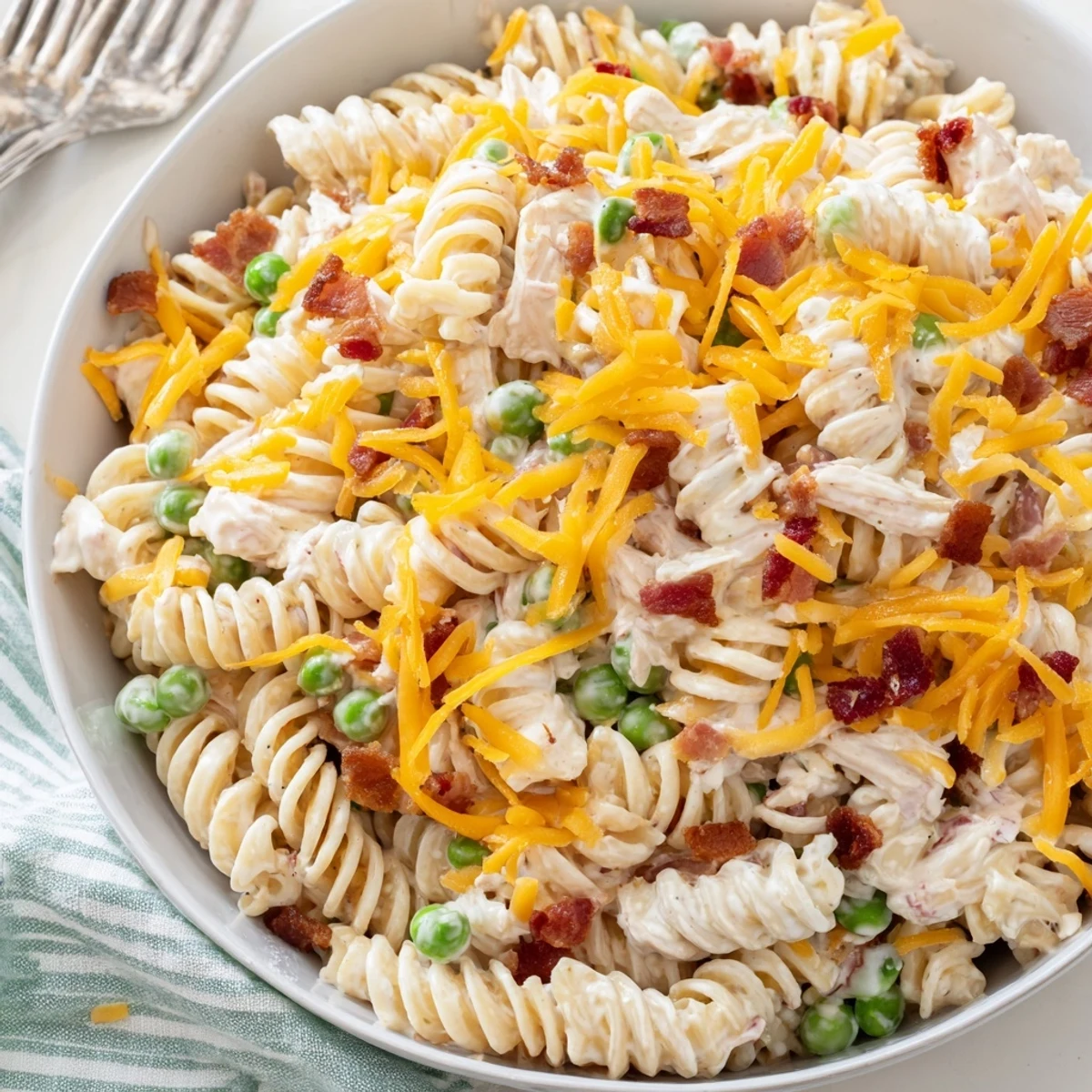 Creamy crack pasta salad loaded with crispy bacon, sharp cheddar, and tender green peas