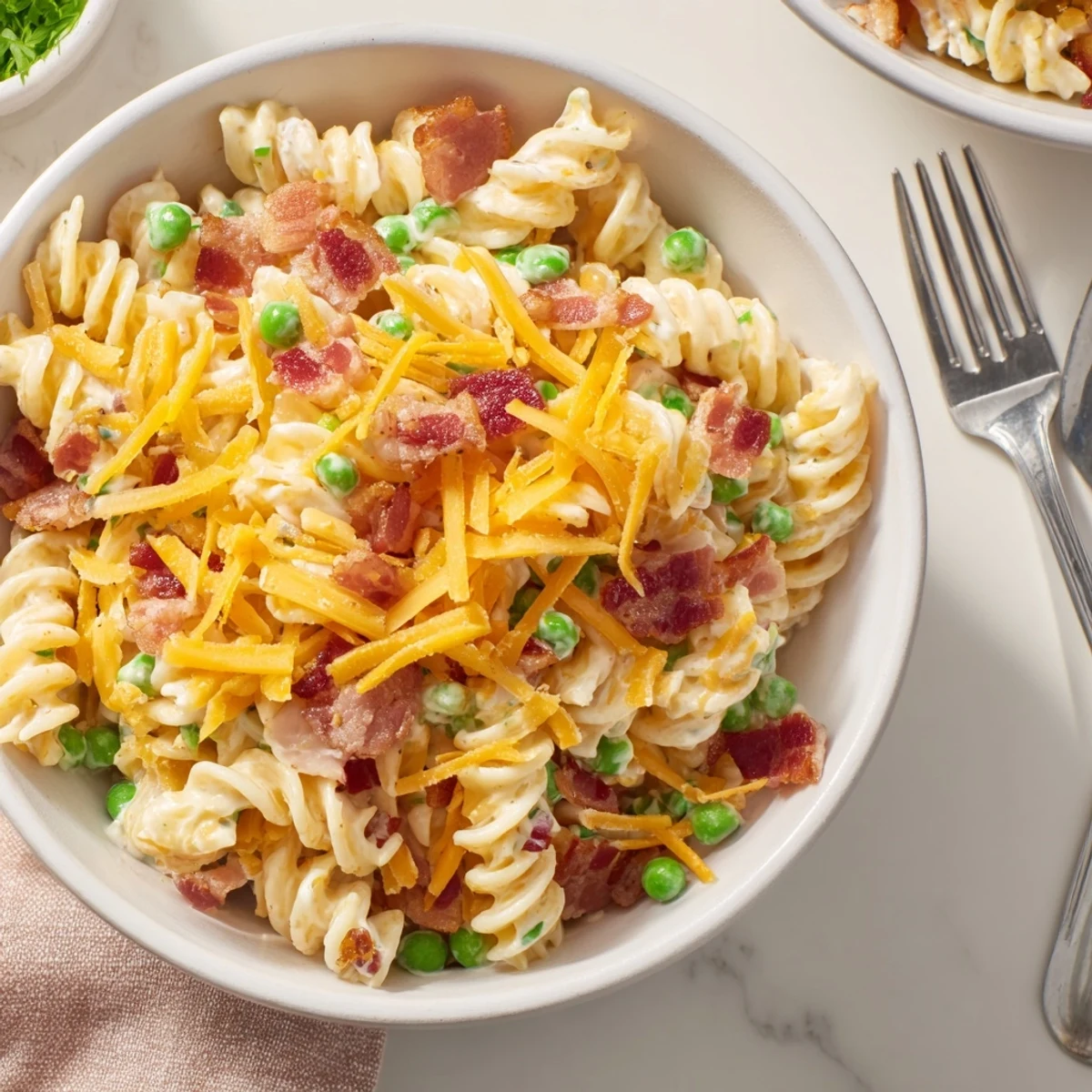 Cold ranch-seasoned pasta salad featuring rotini noodles, bacon bits, cheddar, and fresh sliced onions