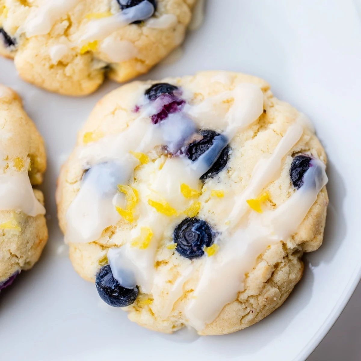 Soft cream-filled lemon blueberry cheesecake cookies on a white serving plate