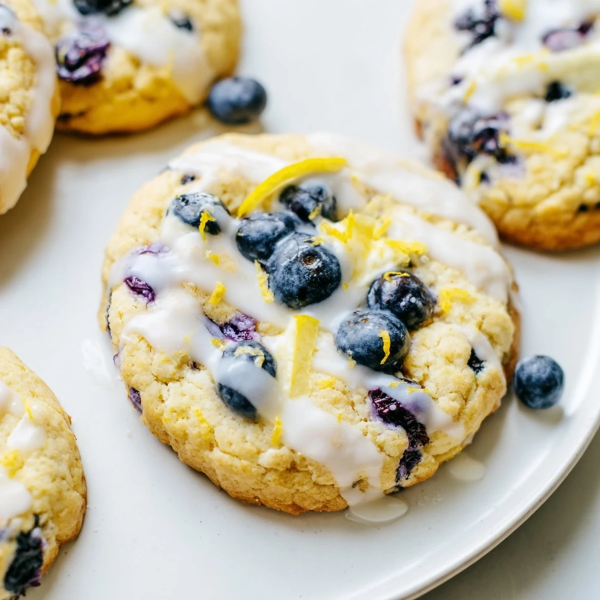 Two sandwich-style lemon blueberry cheesecake cookies with creamy center visible