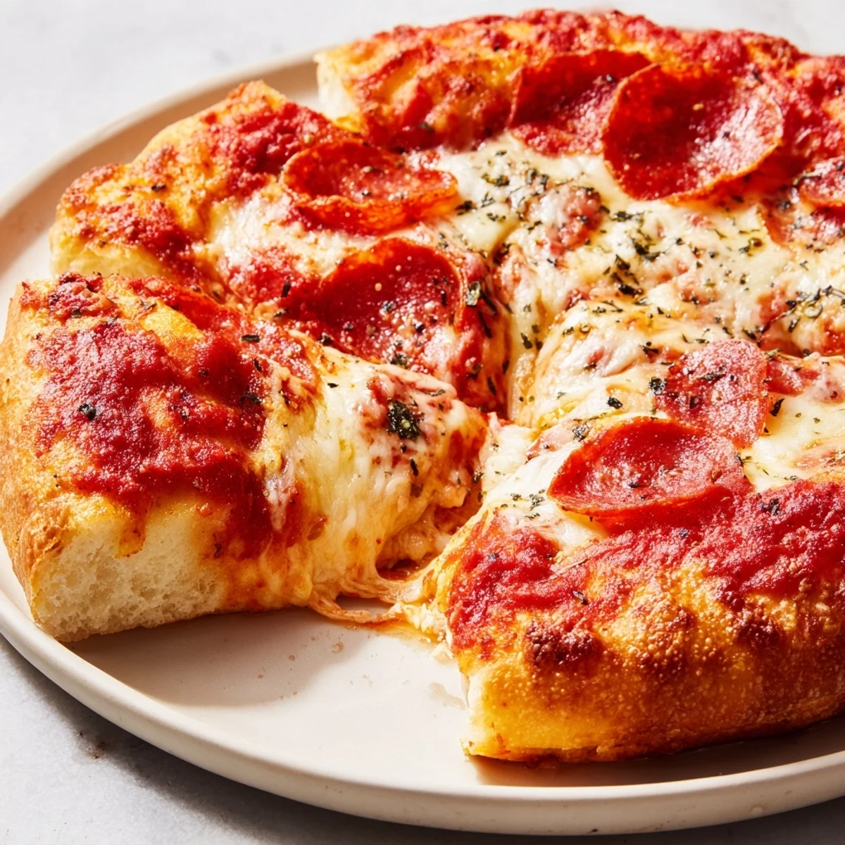 Homemade pan pizza featuring pepperoni slices on a deep dish golden brown crust