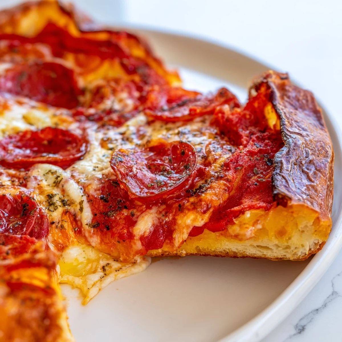 Slice of thick crust pizza oozing with mozzarella and savory tomato sauce topping