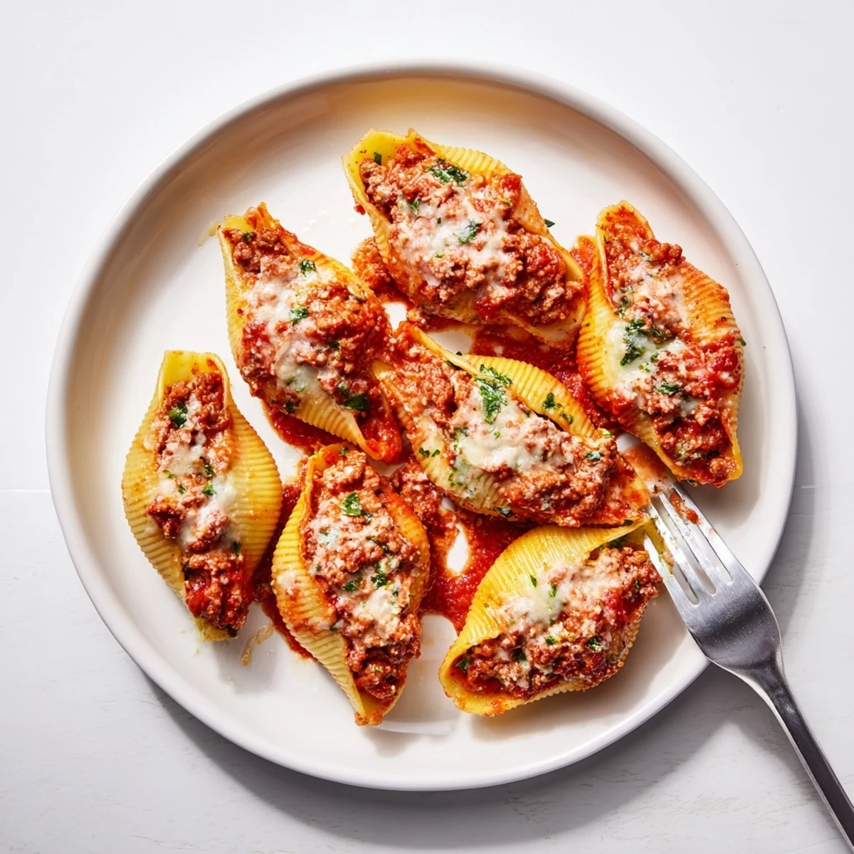Golden cheesy stuffed shells bubbling in a baking dish with creamy tomato sauce