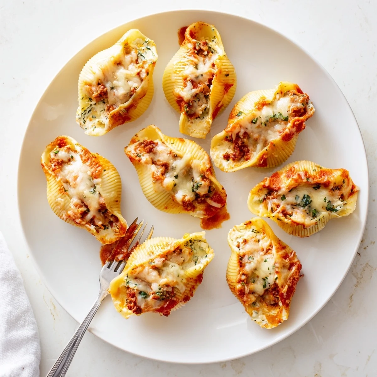 Jumbo pasta shells filled with beef and ricotta topped with melted mozzarella cheese