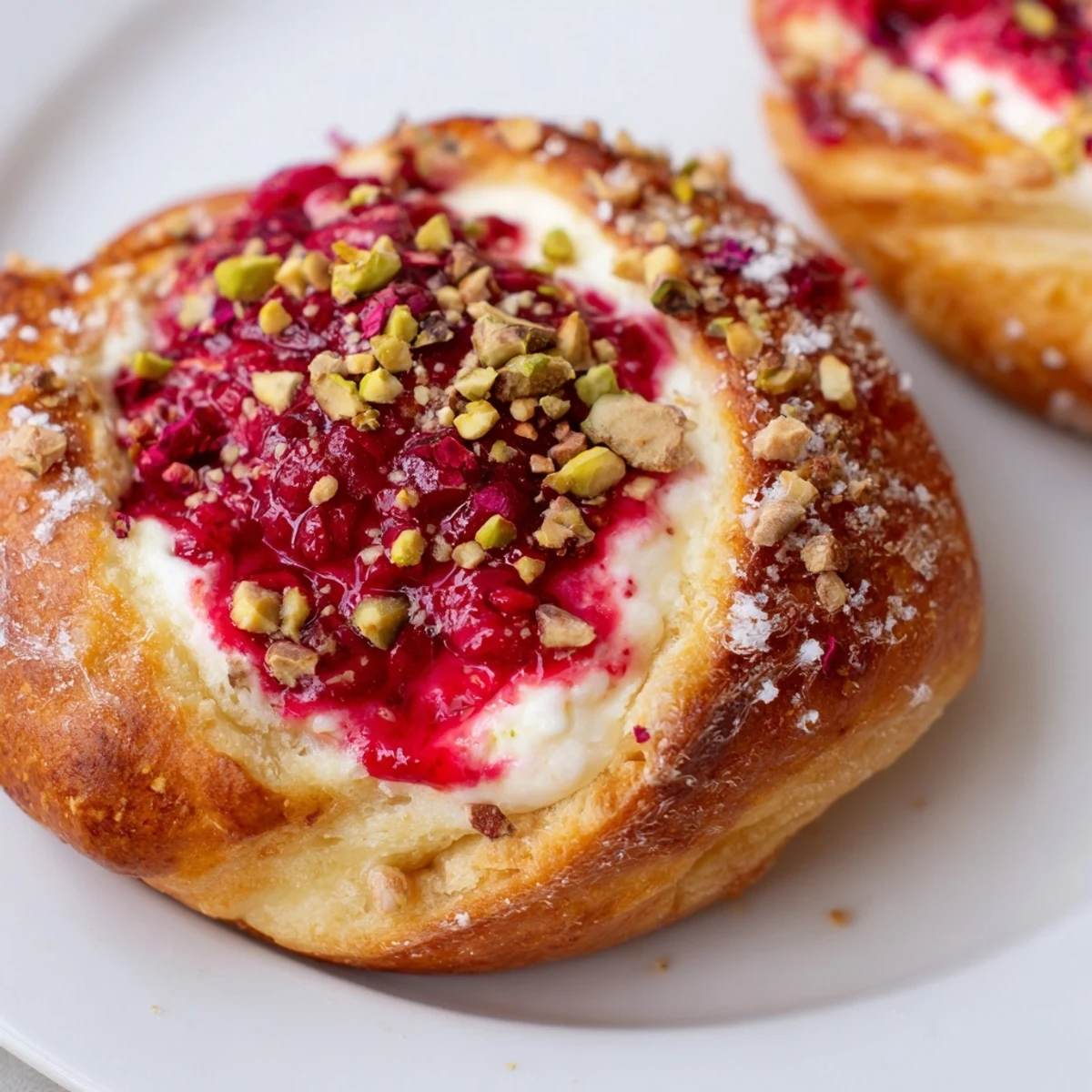 Golden Raspberry and Rose Cheesecake Buns topped with pistachios and rose petals