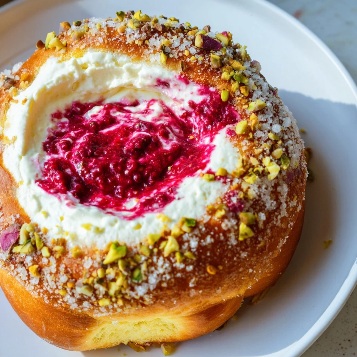 Freshly baked floral cheesecake buns with raspberry centers on a rustic wooden board