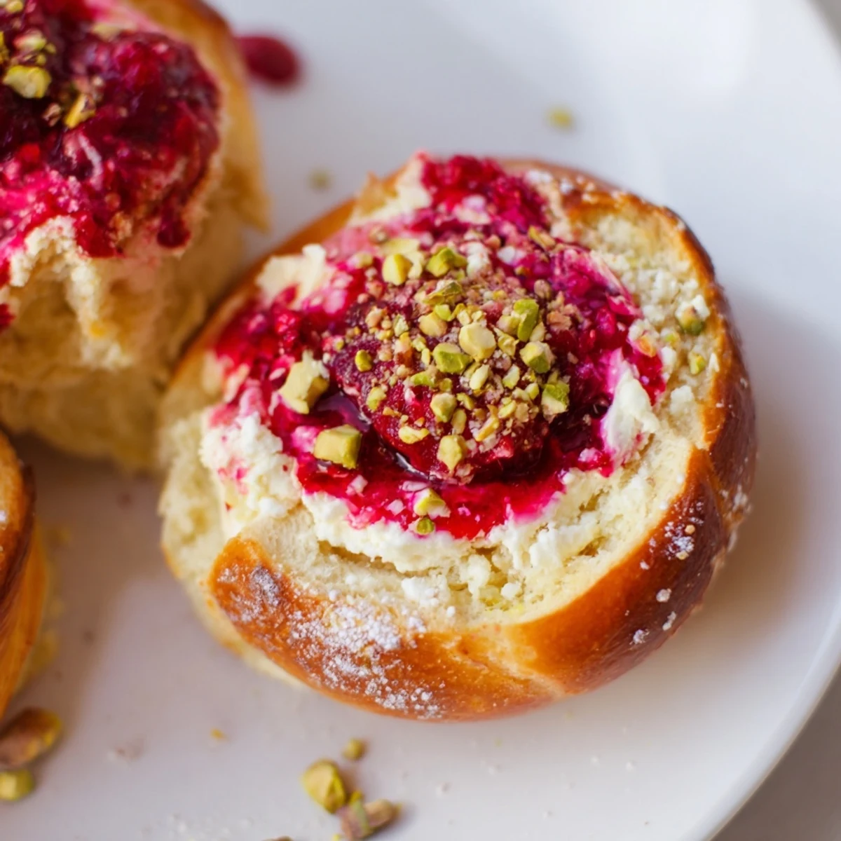 Soft sweet buns filled with creamy rose cheesecake and bright red raspberry compote