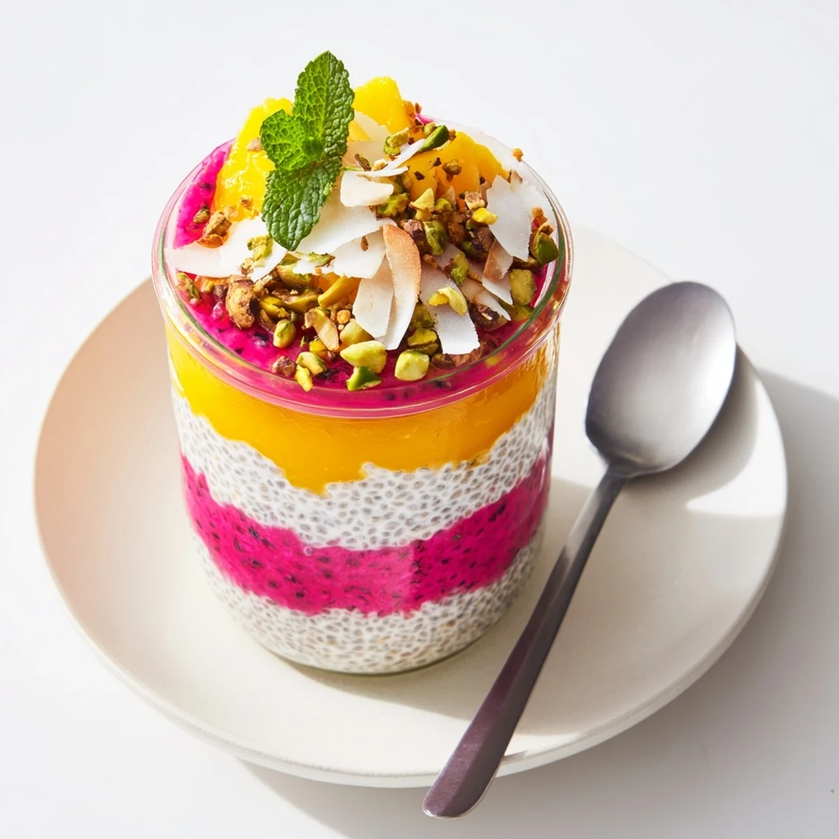 Glass jar of mango and dragon fruit chia pudding layered with vibrant pink and yellow fruit purees topped with fresh mint