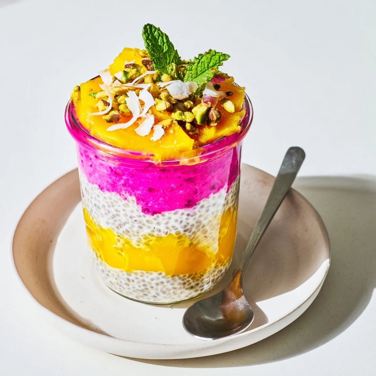Tropical coconut chia pudding bowl swirled with sweet mango and dragon fruit layers garnished with toasted coconut flakes