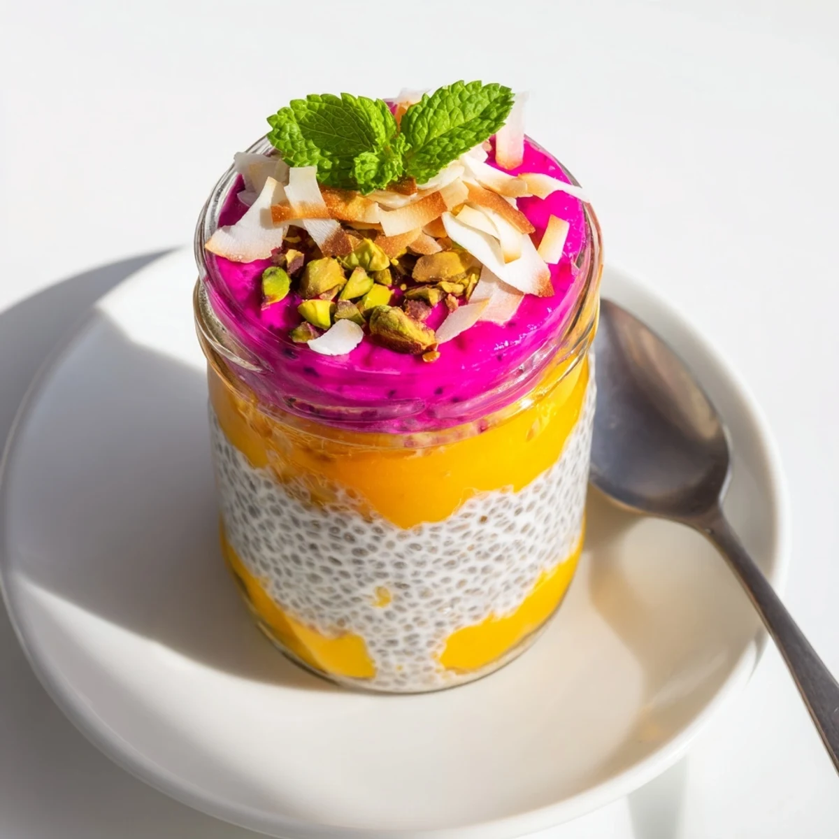 Creamy mango and dragon fruit chia pudding parfait showing colorful stripes in clear glass with mint sprig