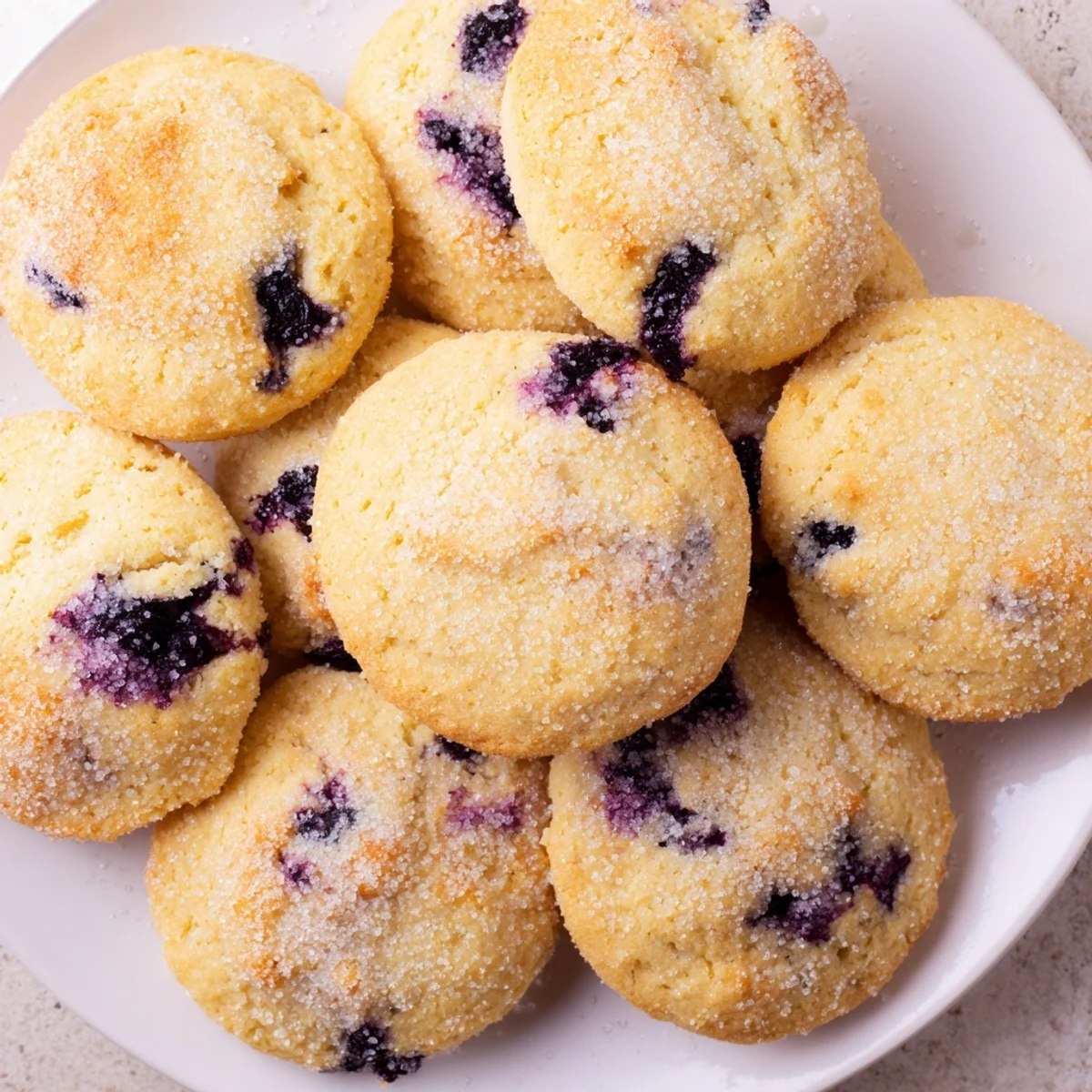 Golden homemade blueberry biscuits topped with coarse sugar and bursting with fresh juicy berries