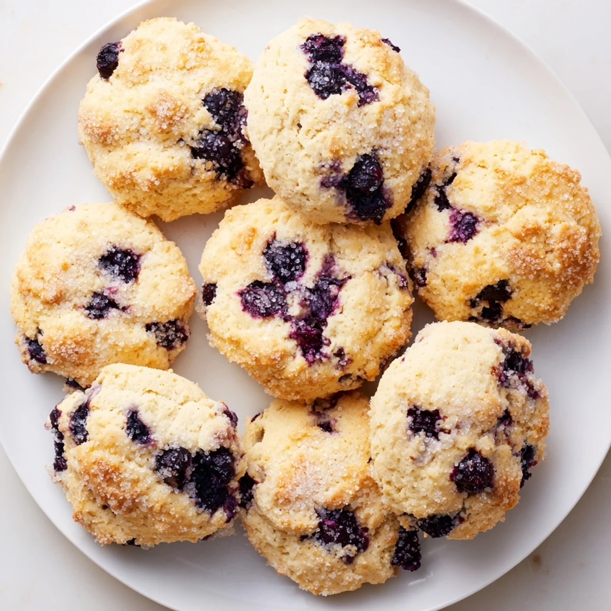Stack of tender blueberry biscuits studded with purple berries ready for breakfast with honey butter