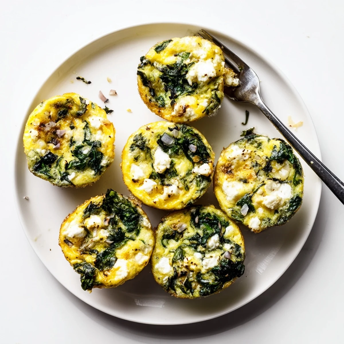 Healthy breakfast egg muffins featuring wilted spinach and savory feta in a muffin tin