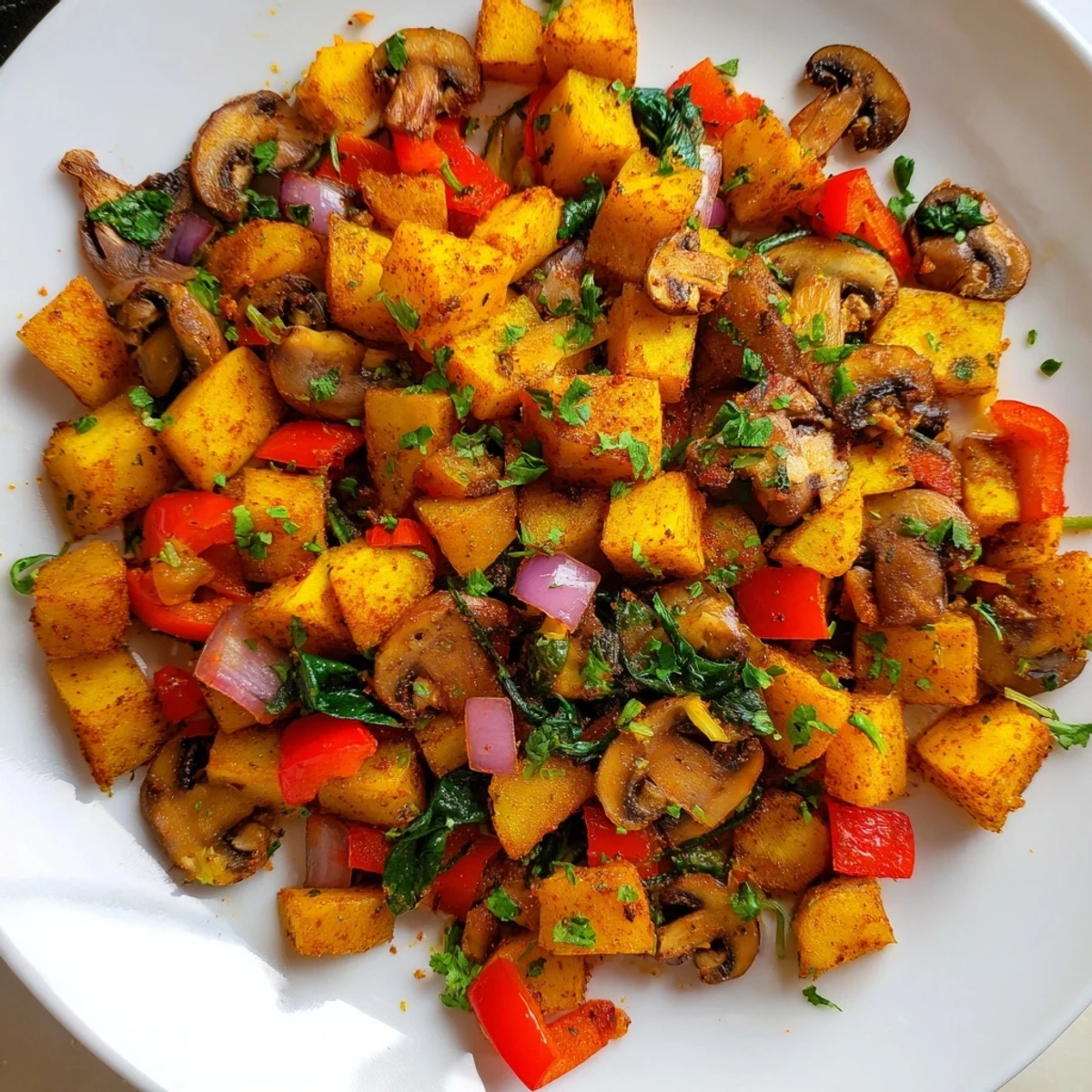 Hearty vegan breakfast hash featuring spiced vegetables and fresh garnish on a white plate