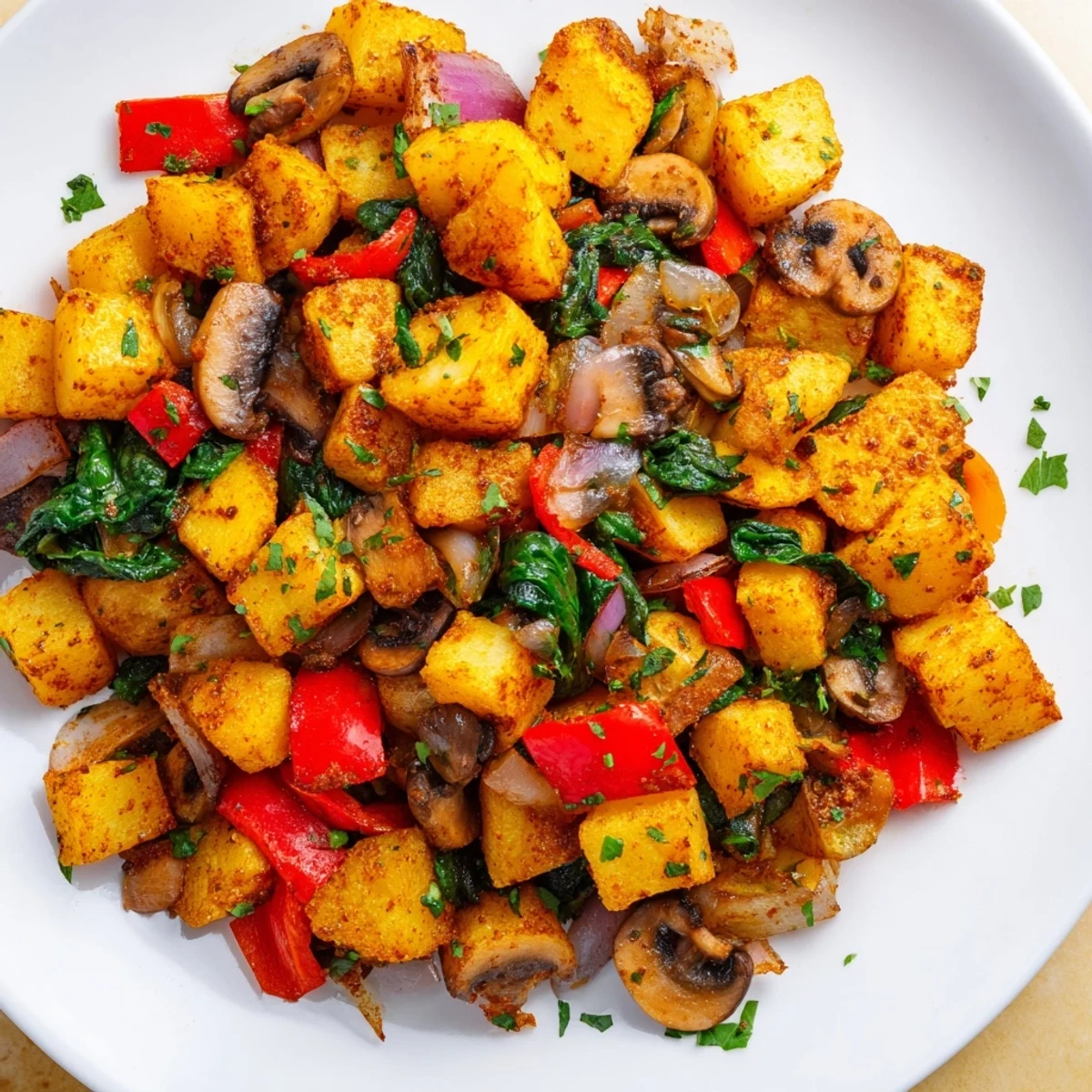 Golden crispy vegan breakfast hash with colorful diced potatoes and bell peppers in a skillet
