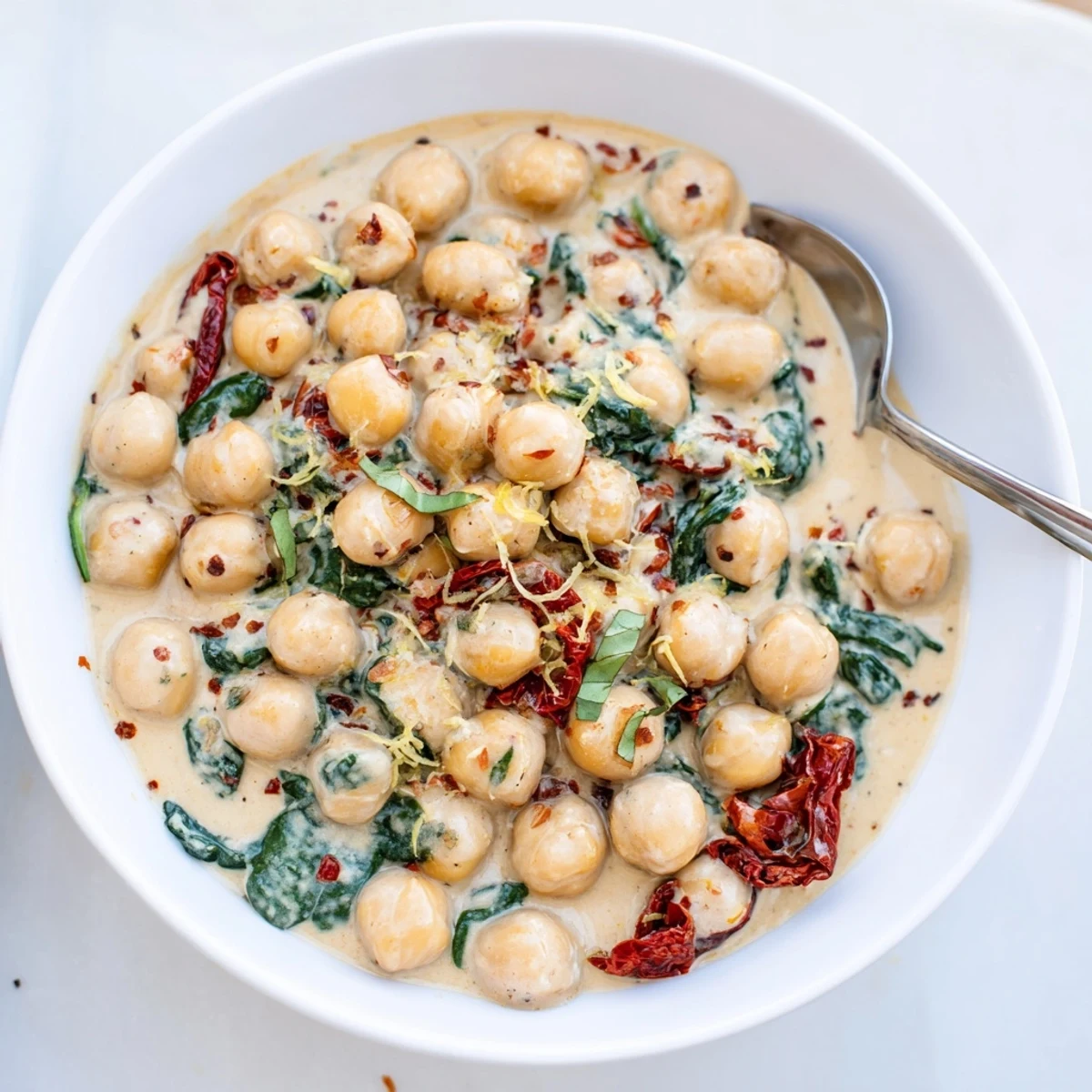 Creamy Marry Me Chickpeas simmered with sun-dried tomatoes and fresh spinach in a rich garlic herb sauce