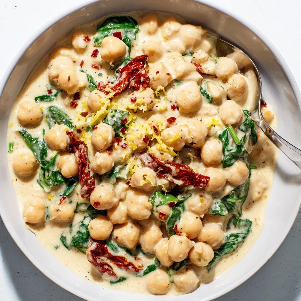 Golden chickpeas swimming in a velvety cream sauce with aromatic herbs and tender wilted spinach leaves