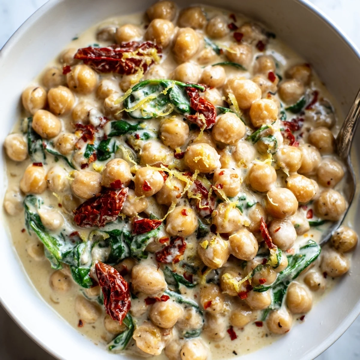 Marry Me Chickpeas featuring a luscious tomato cream sauce finished with fresh basil and bright lemon zest