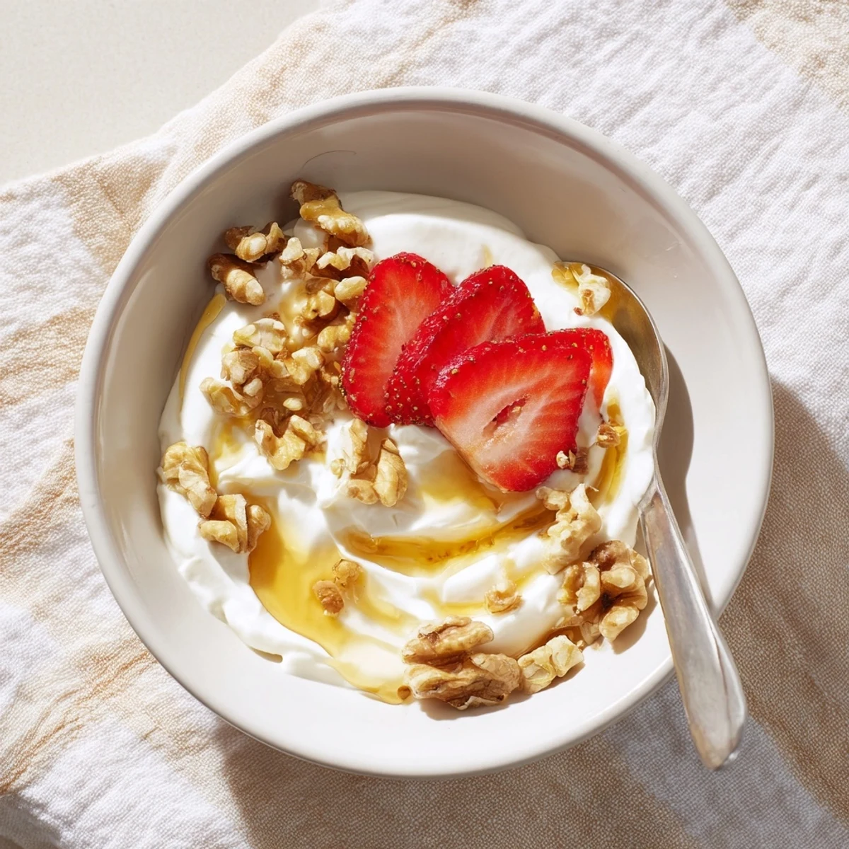 Creamy homemade Greek yogurt served in a bowl topped with fresh berries and honey drizzle