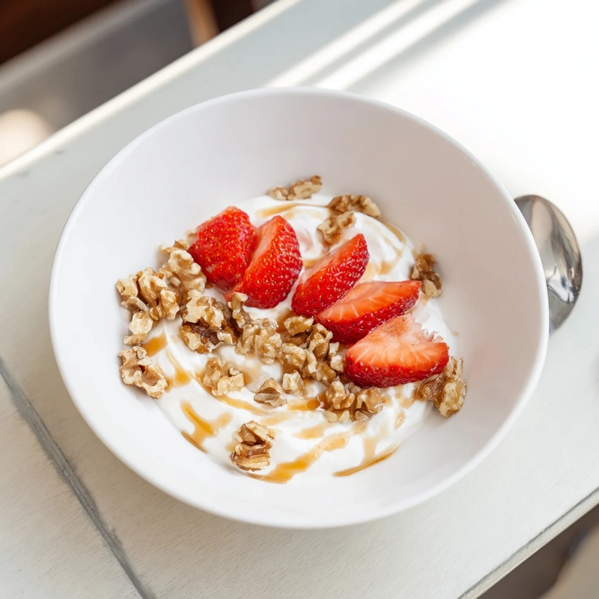 Thick Greek yogurt spooned into a glass jar showing its rich and velvety texture
