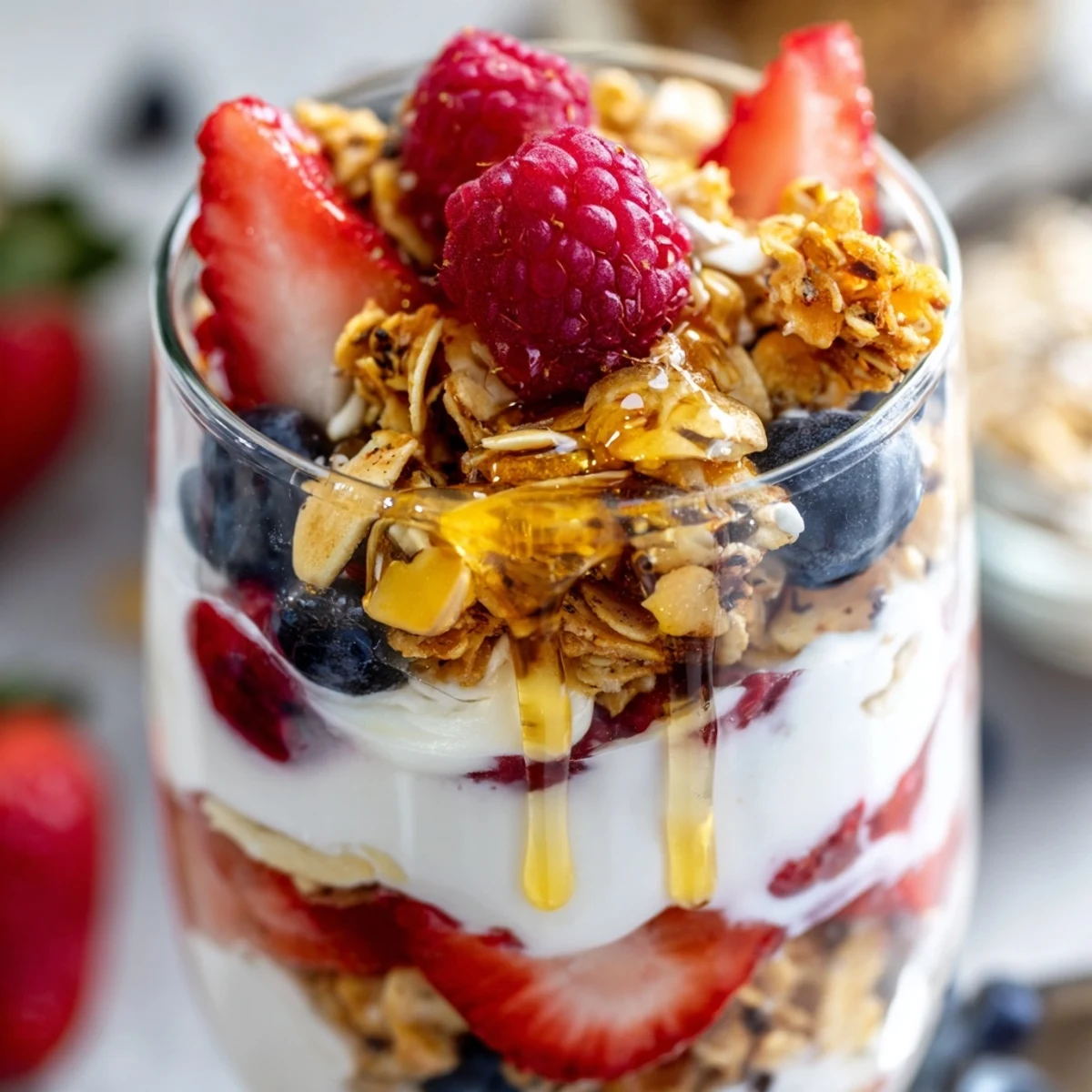 Creamy Greek Yogurt Parfait layered with fresh berries and crunchy granola in a glass