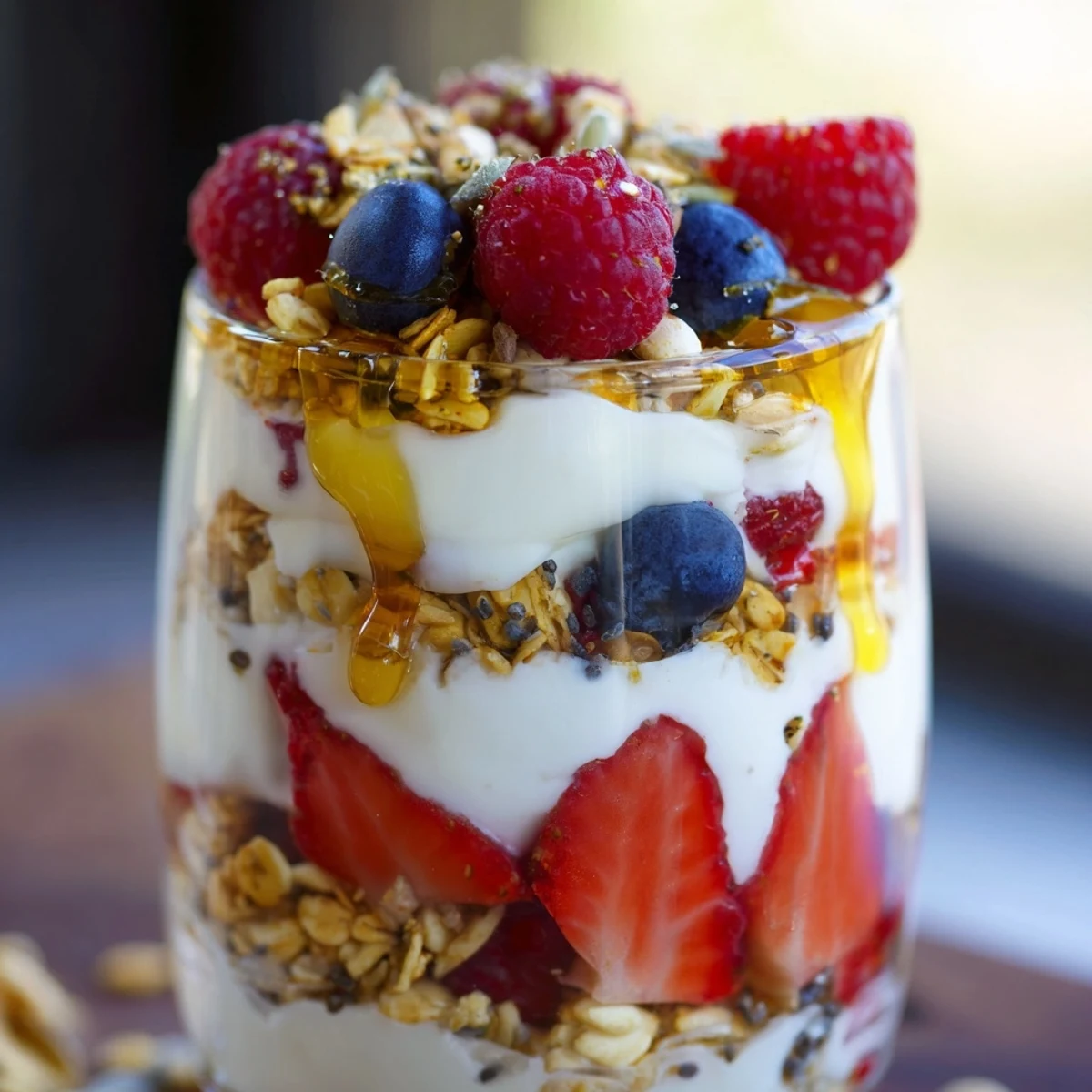 Greek Yogurt Parfait topped with vibrant mixed berries and golden oat granola