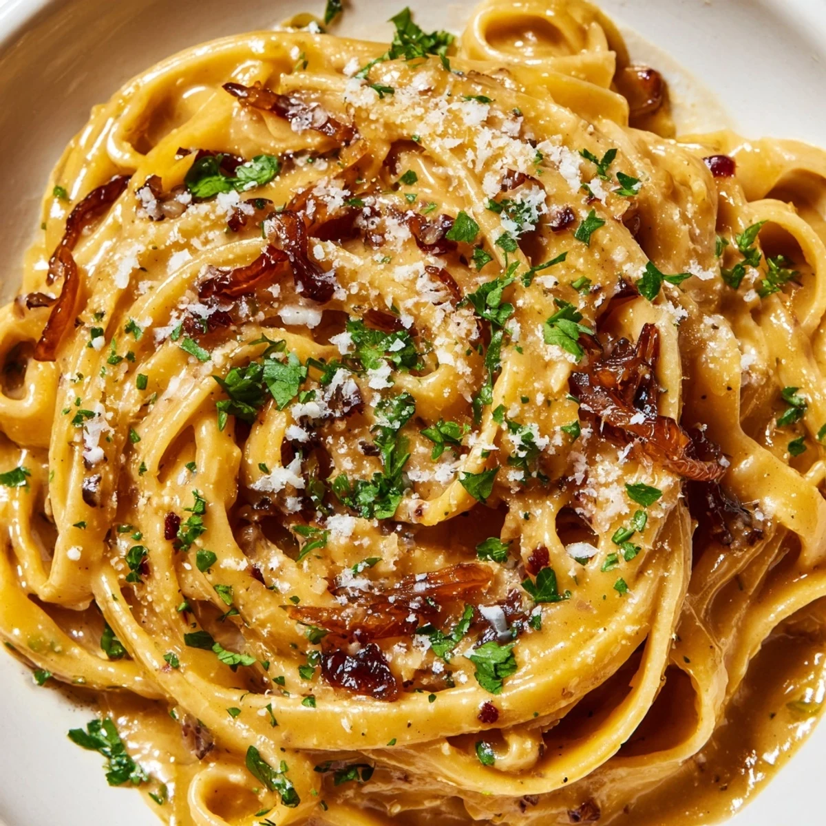 Creamy Sweet Heat Caramelized Onion Fettuccine twirled on a fork with golden caramelized onions and fresh parsley garnish