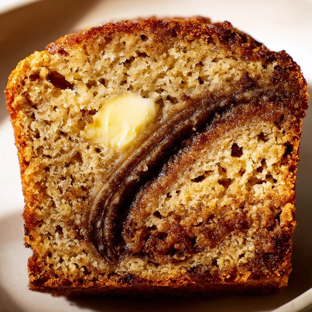 Golden Cinnamon Sugar Swirl Banana Bread sliced thick on a rustic wooden cutting board