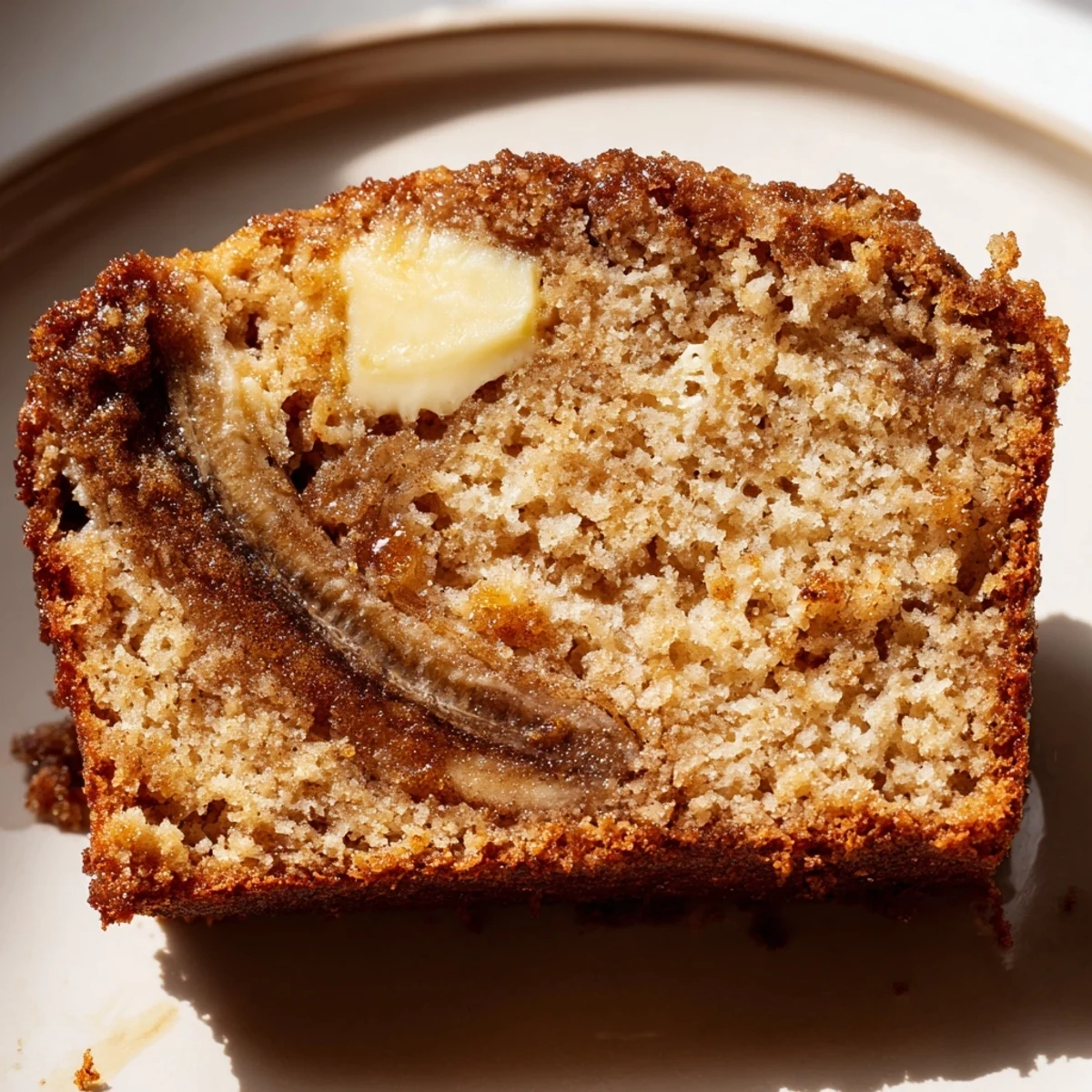 Moist Cinnamon Sugar Swirl Banana Bread with marbled cinnamon ribbon baked in loaf pan