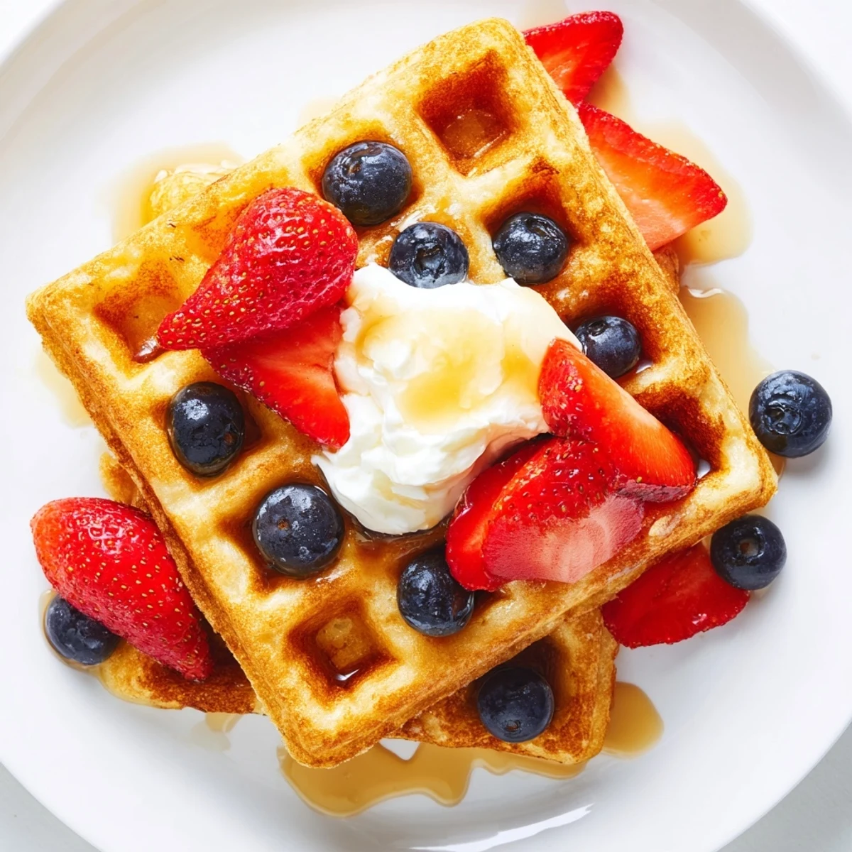 Golden crispy Greek yogurt waffles stacked high and drizzled with maple syrup on a white plate