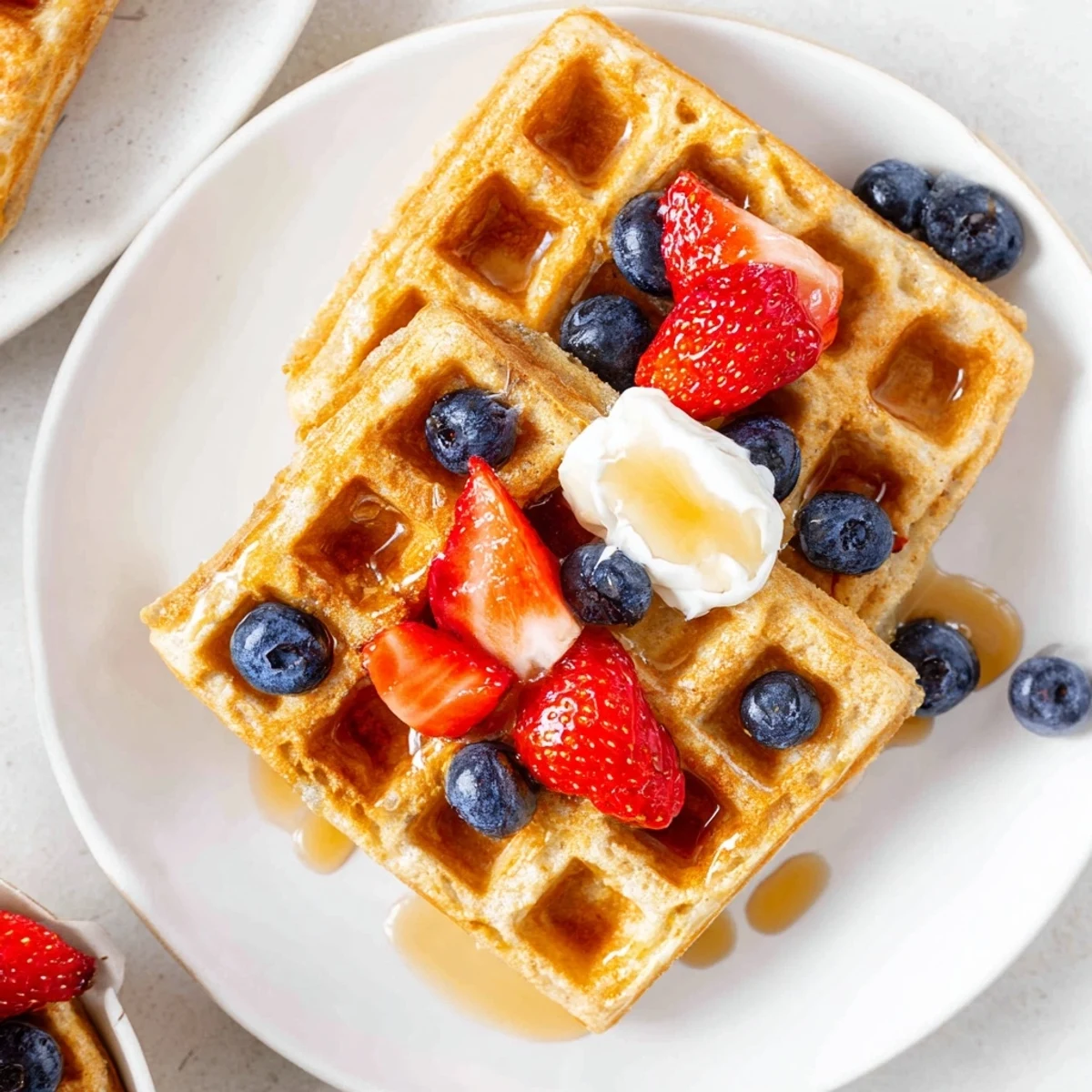 Fluffy Greek yogurt waffles with deep golden grids topped with fresh berries and whipped cream