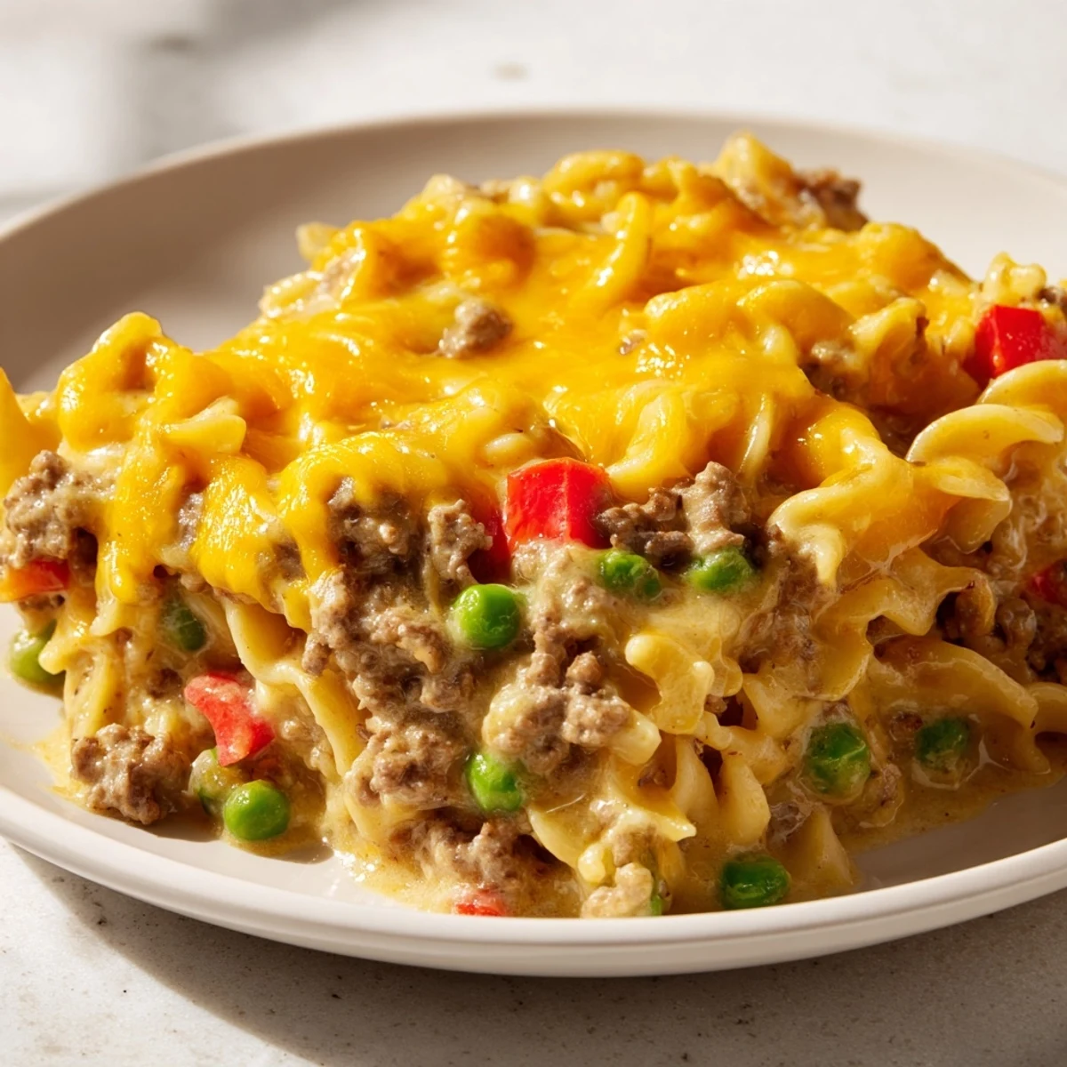 Golden bubbly cheesy beef and noodle casserole fresh from the oven with melted cheddar topping