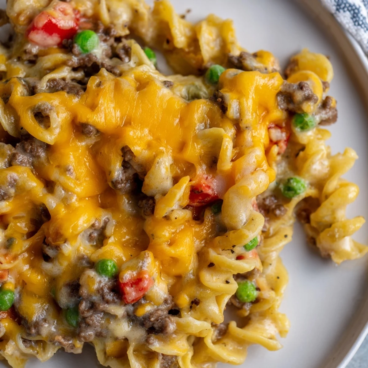 Creamy cheesy beef and noodle casserole with tender egg noodles in a rich, savory beef sauce