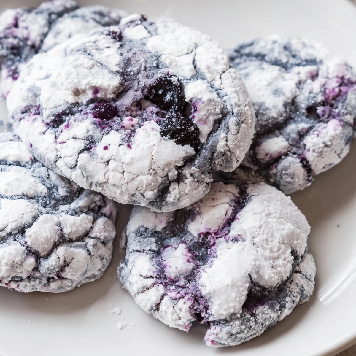 Soft blueberry crinkle cookies with powdered sugar coating on rustic baking sheet